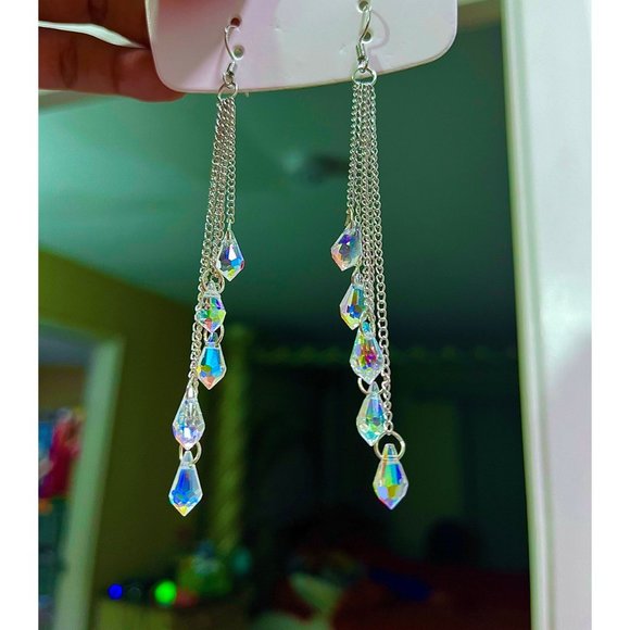 Long Aurora borealis earrings silver chain iridescent rainbow chandelier - Picture 4 of 4